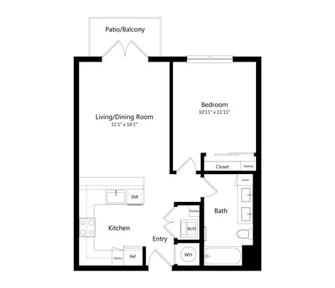 Floor plan for 1 bed, 1 bath, 665 sqft